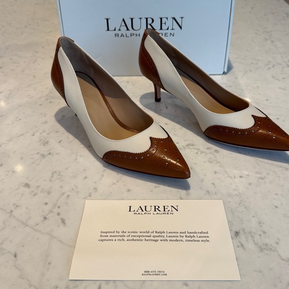 Lauren Ralph Lauren Adrienne Pointed-Toe Pumps Two-Tone Brown and Cream Pumps 7 - Picture 1 of 10